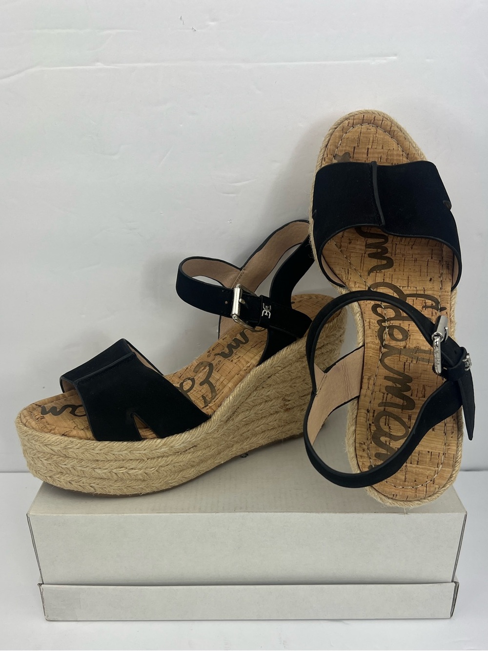 SAM EDELMAN MAURA WEDGE, ESPADRILLE, PLATFORM, SANDAL, UPPER LEATHER BLACK, 9M